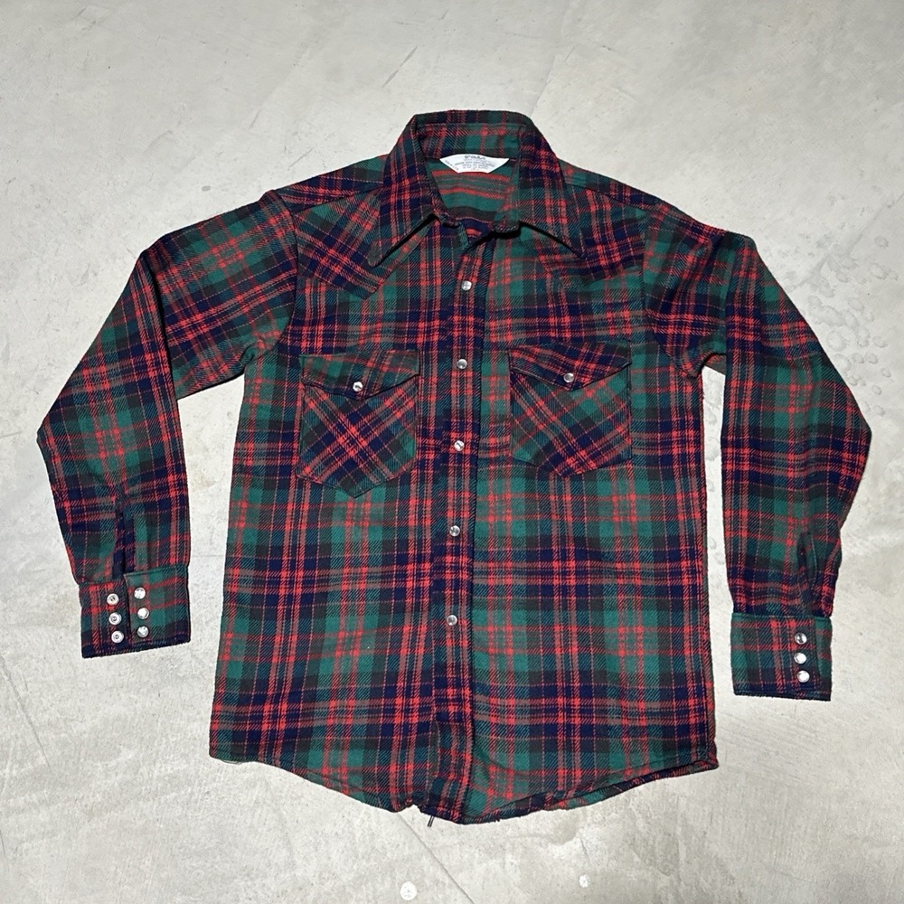 Vintage 1980s Pal Pearl Snap Flannel Shirt M Blue Red Plaid Western Cowboy